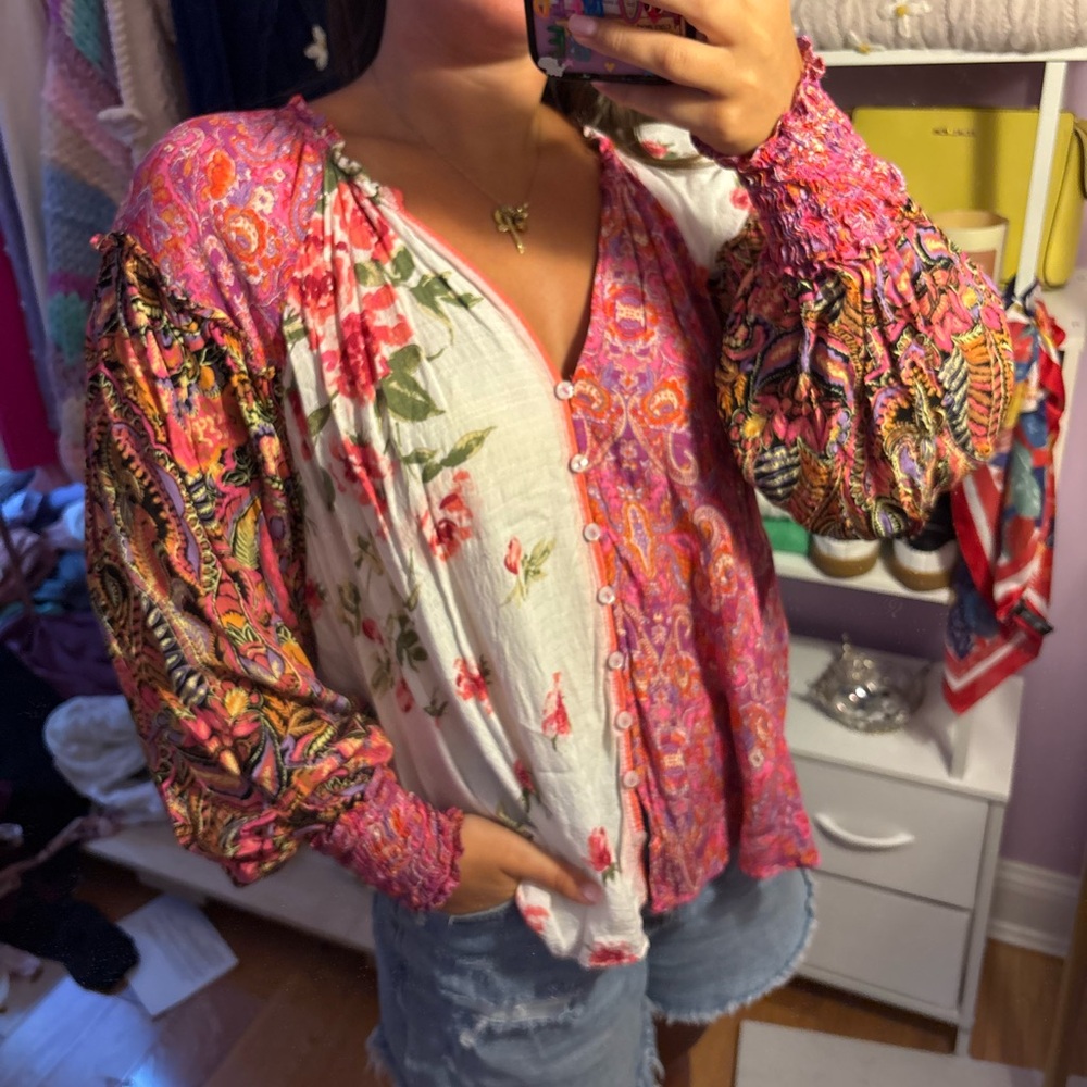 Free People Gemini Pink and White Floral Blouse
